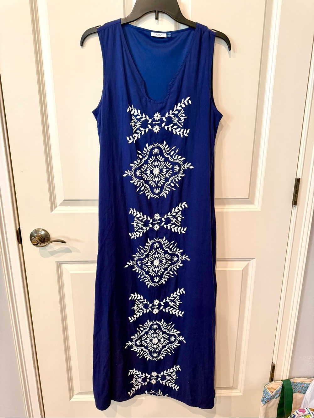 NWT Cabana Life Sleeveless Navy side slit Blue Embroidered Maxi Dress, small.